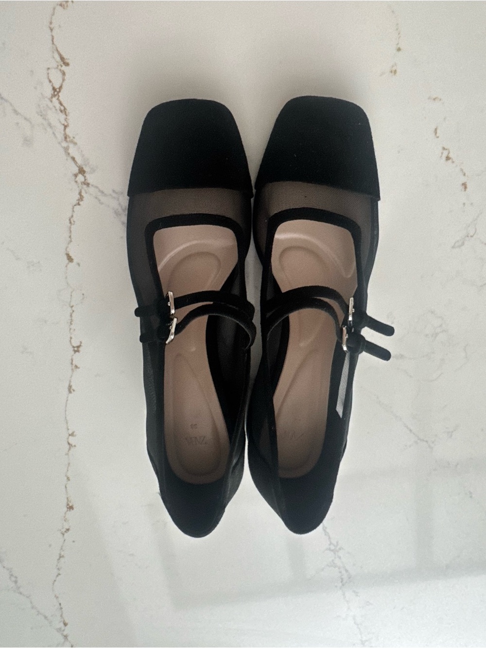 Zara Black Mesh Mary Jane Heels with Square Toe Cap